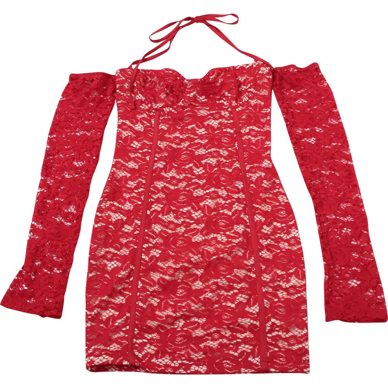 Long Sleeve Backless Mini Dress Lace Red Party Dresses Women 2024 Fall Sexy Night Club Outfits for Women