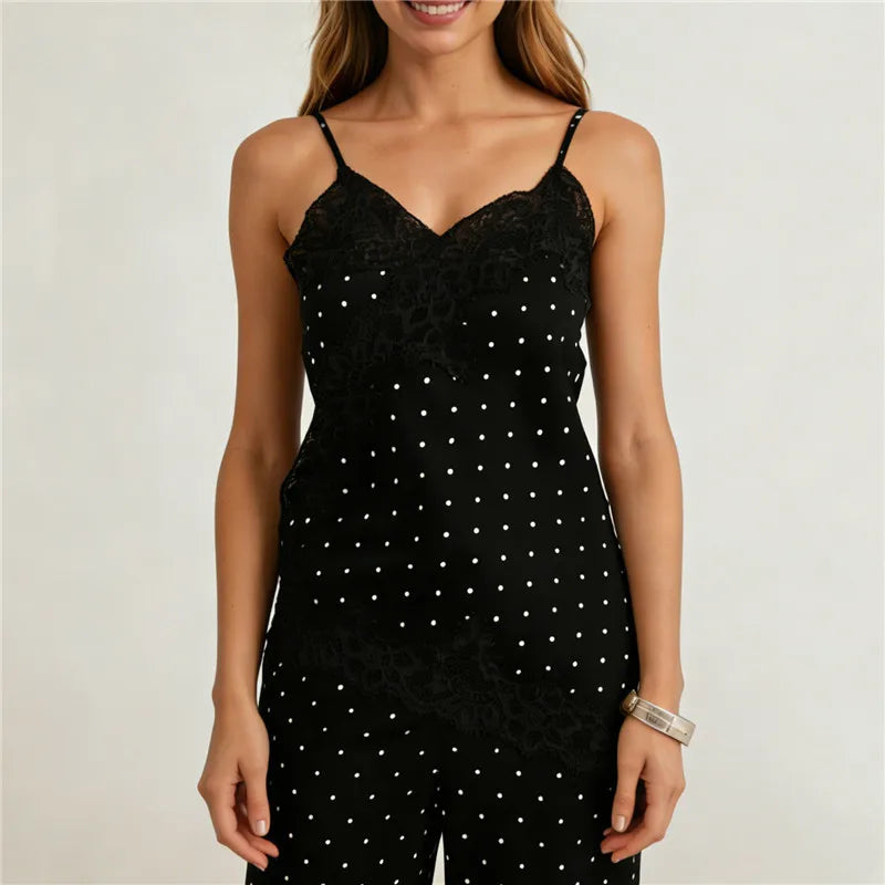 Fashion Summer Women Satin Camisole Top Y2K Polka Dot Lace Trim Spaghetti Strap V Neck Blouse Casual Streetwear