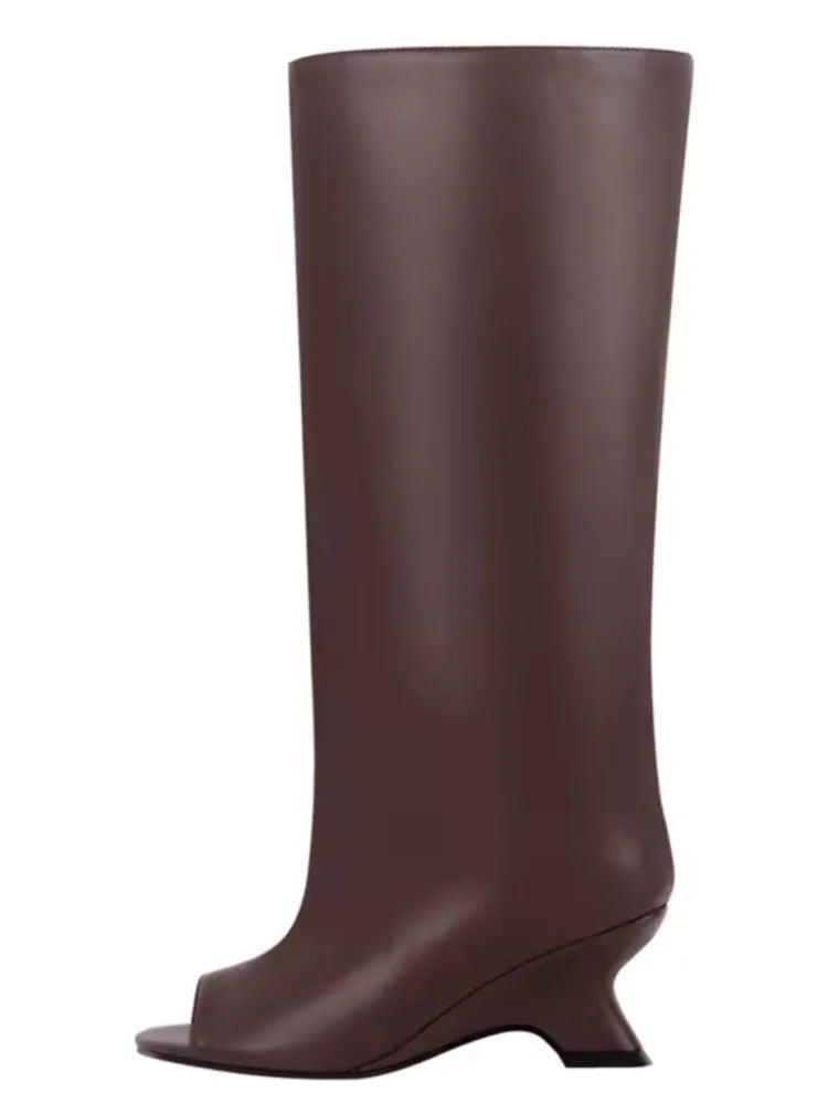 Women's Fish Mouth Thick High Heels Knee Length Cool Boots Slant Heel Fashion Show Large Size Spring/Summer Women's Boots