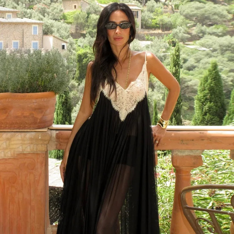 Flowing Black Tulle Maxi Dress Lace Trim Deep V Neck and Hem See Through Mesh Backless Dresses Resort Wear