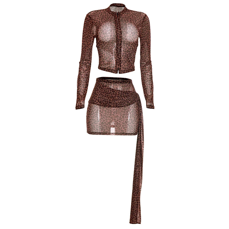 See Through 2-Piece Set Women Single-Breasted o-Neck Crop Tops+Folds Tassel Skirt Sexy Midnight Hottie Wild Suits