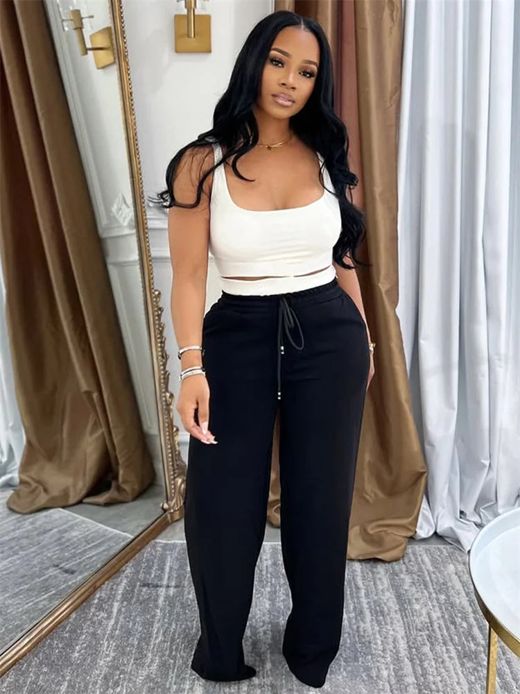 Casual Tracksuit 2 Piece Set Women Simple Solid Tank Tops+Drawstring Patchwork Straight Pants Fashion Sporty Sets