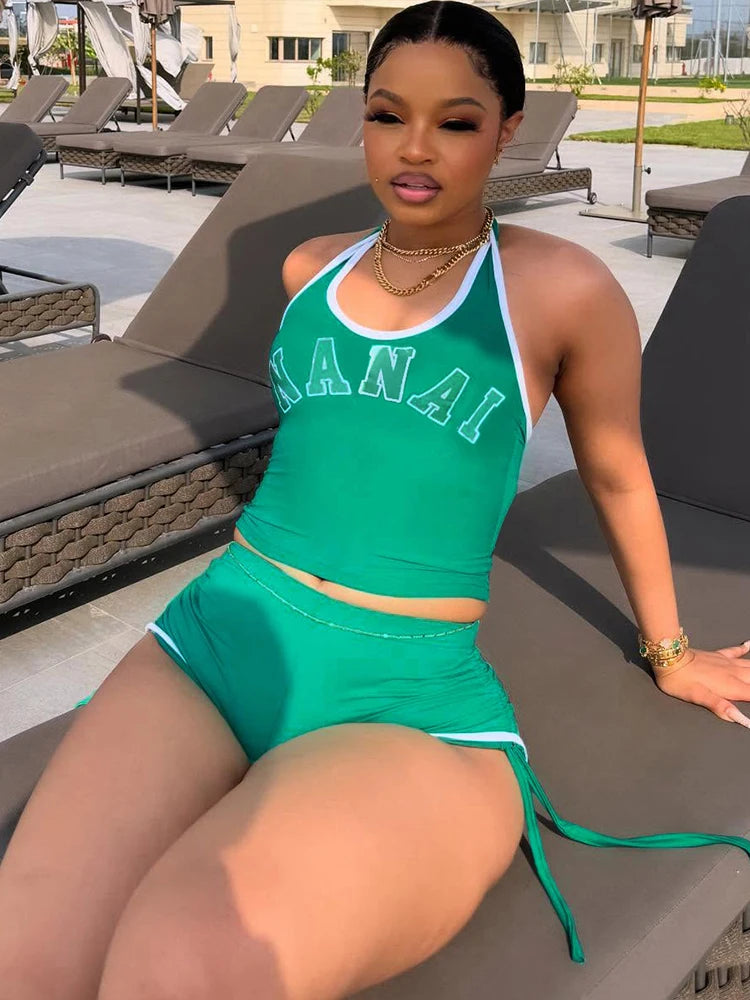 Sporty 2 Piece Set Women Casual Letter Print Halter Vest+Side Shirring Shorts Matching Streetwear Fitness Outfits