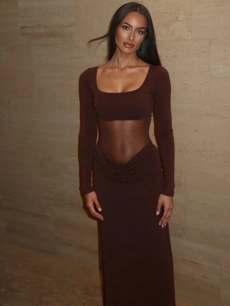 Mesh Splicing Long Sleeve Dresses for Woman Clothing Fall Sexy Party Maxi Dress Wedding Guest