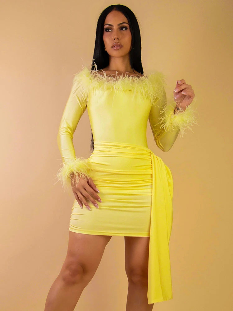 Sexy Fashion 2 Piece Set Women Feather Patchwork Slash Neck Skinny Bodysuit+Ruched Ribbon Skirt Y2K Style Elegant Set