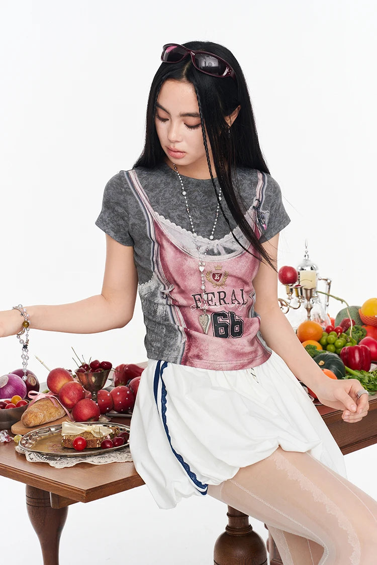 Fake Two-Piece Crop Top, Retro FERAL 66 Print Lace Bow Tee, Slim Short Sleeve T-shirt for Women