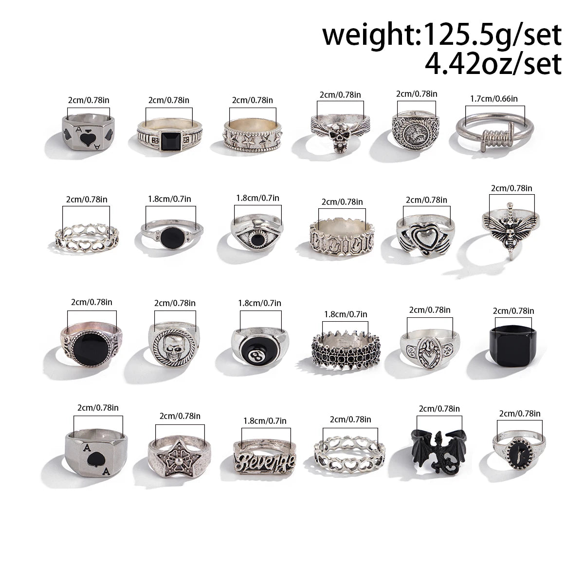 24Pcs/Set Creative Skull Head Poker Bat Rings for Men 2025 Trend Goth Geometric Ancient Silver Color Rings Male Jewelry