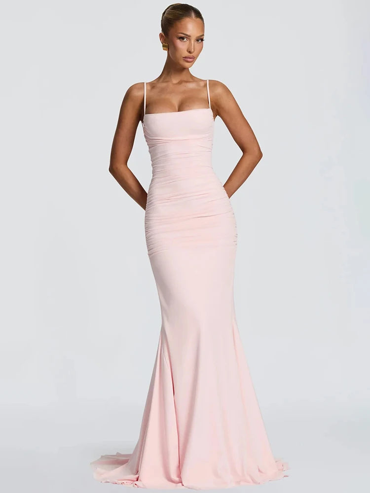 Spaghetti Strap Backless Sexy Maxi Dress Women Elegant Square Collar Sleeveless Bodycon Club Party Mermaid Long Dress