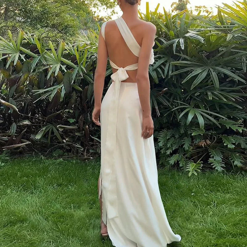 White Sexy 2 Piece Sets Women Party Outfit Sequined 3d Floral-applique Lace-up Crop Top Split Long Skirt Set