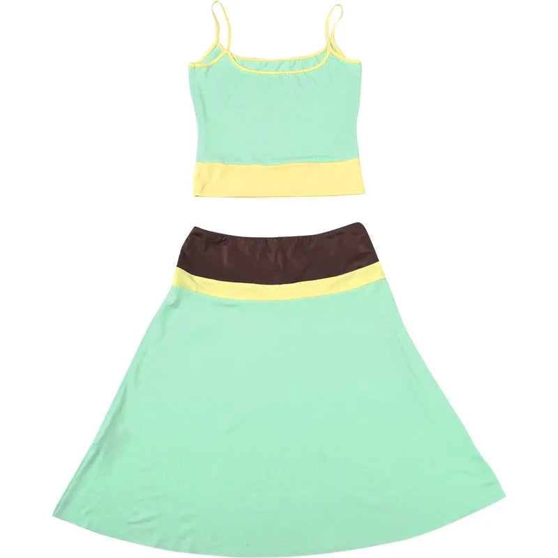 2 Pcs Woman Outfit Colorblock Camisole Top and Midi Skirt Matching Sets