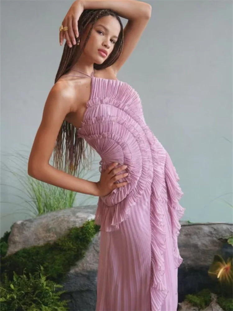 Ruched Ruffles Elegant Maxi Dress Women Halter Off Shoulder Backless Splits Robe Summer Fashion Solid Long Bodycon