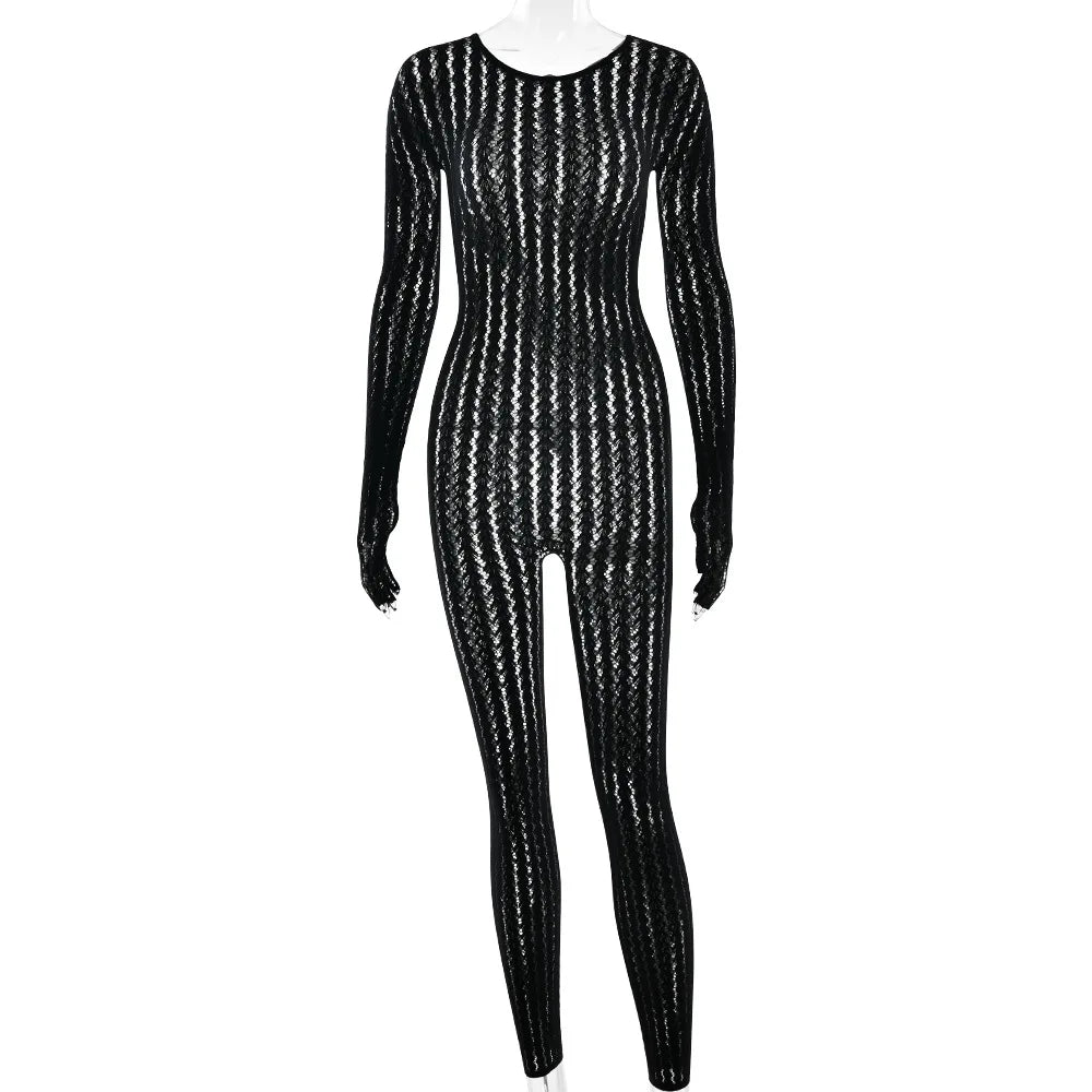 Sexy See Through Jumpsuit Women Coquette o-Neck Full Sleeve Stretch Hipster Skinny Fit 2026 Spring Clubwear Overalls