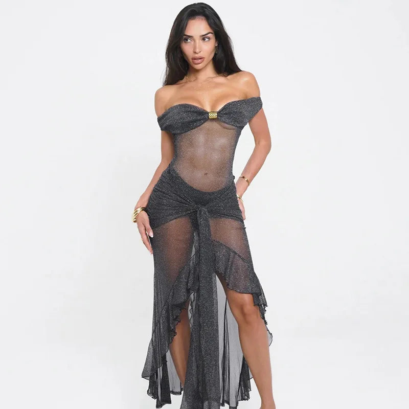 See-through Mesh Glitter Sexy Party Dresses Woman 2025 Summer Off Shoulder Draped Ruffled Long Dresses