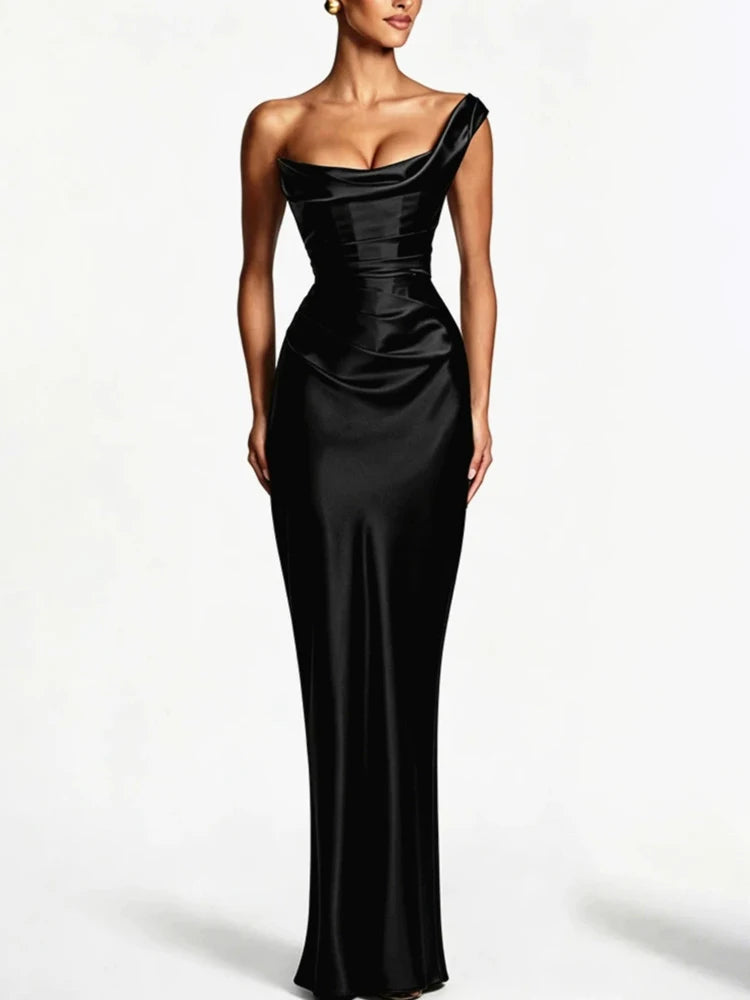 Elegant Satin One Shoulder Evening Dress Women Cowl Neck Sleeveless Bodycon Maxi Dress 2026 Spring Summer Party Gowns