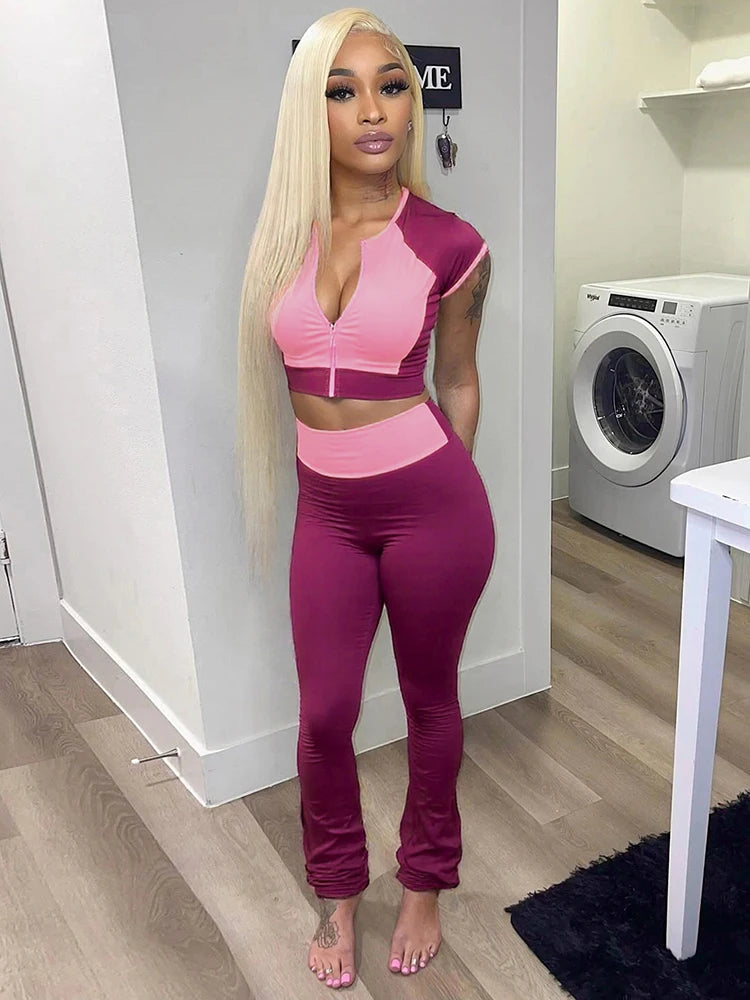 Casual Sporty 2 Piece Set Tracksuit Women Patchwork Shorts Sleeve Crop Tops+Leggings Matching Street Stretch Outfits