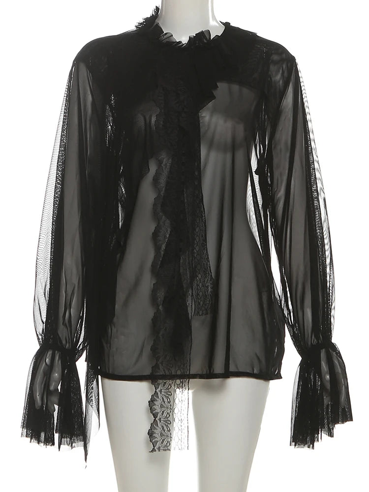 Sexy Mesh Coquette Top Women Lace Ribbon Backless Button Ruffles Pure Desire Wild Solid Street Midnight Clubwear Tees