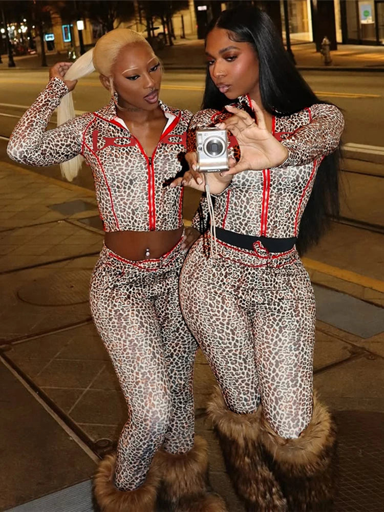 Leopard Letter Tracksuit Women 2 Piece Set Y2K Zip Crop Jacket+Metal Sash Leggings Sporty Matching Stretch Streetwear