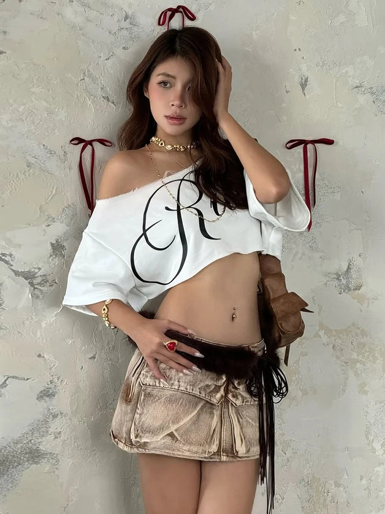 Letter Print Crop Tops Women Summer Trend Wild Biased Collar Street Skinny Simple Classic Streetwear Daily Soft Tees