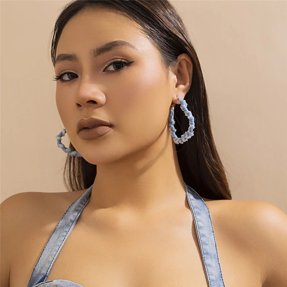 High Quality Exaggerated Blue Denim Hoop Earrings for Women Vintage Big Star Round Triangle Square Geometric Earring Y2K Jewelry