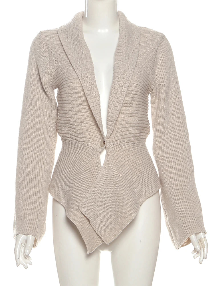 Single Button Cardigan Sweater Woman Elegant Deep V-Neck Full Sleeve Irregular Office Simple Streetwear Jackets Coat