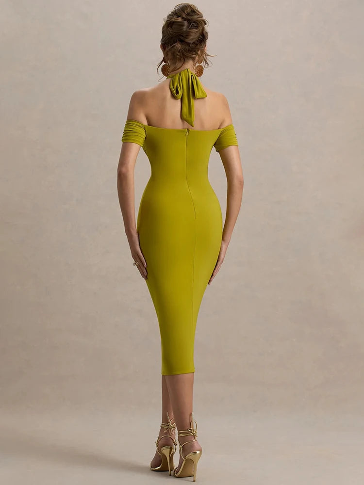 Hollow Out Halter Backless Sexy Midi Dress Women Fashion Off-shoulder Sleeveless Skinny Club Party Long Dress Elegant
