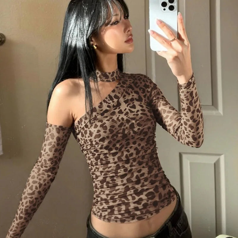 Leopard Print Mesh Sheer Sexy One Shoulder Top Long Sleeve Shirts & Blouses Woman Fall 2025