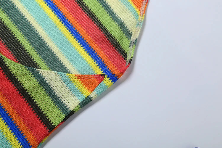 Colorful Stripe Halter Dress Women Sexy Backless Bandage Knit Thin Sleeveless Hottie Stretch Vacation Beach Clubwear