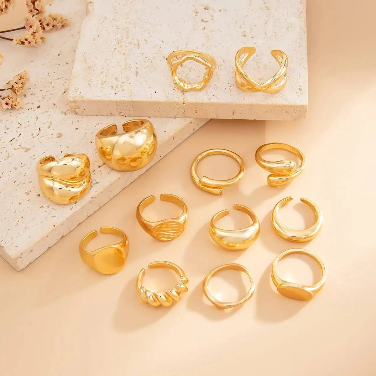 13Pcs/Set Creative Irregular Water Drop Open Rings Women Punk Gold Color Adjustable Knuckle Joint Rings Couple Jewelry