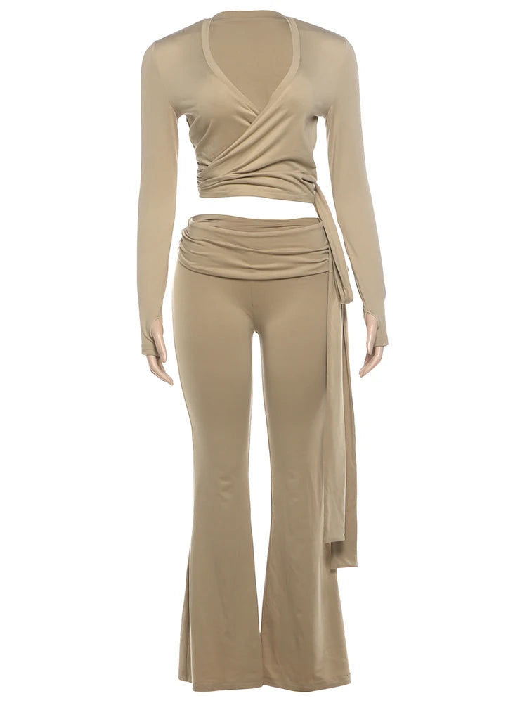 Sporty 2Piece Set Woman Autumn Cross V-Neck Full Sleeve Tassel Crop Top+Elastic Waist Long Pant Casual Fashion Basic Suit