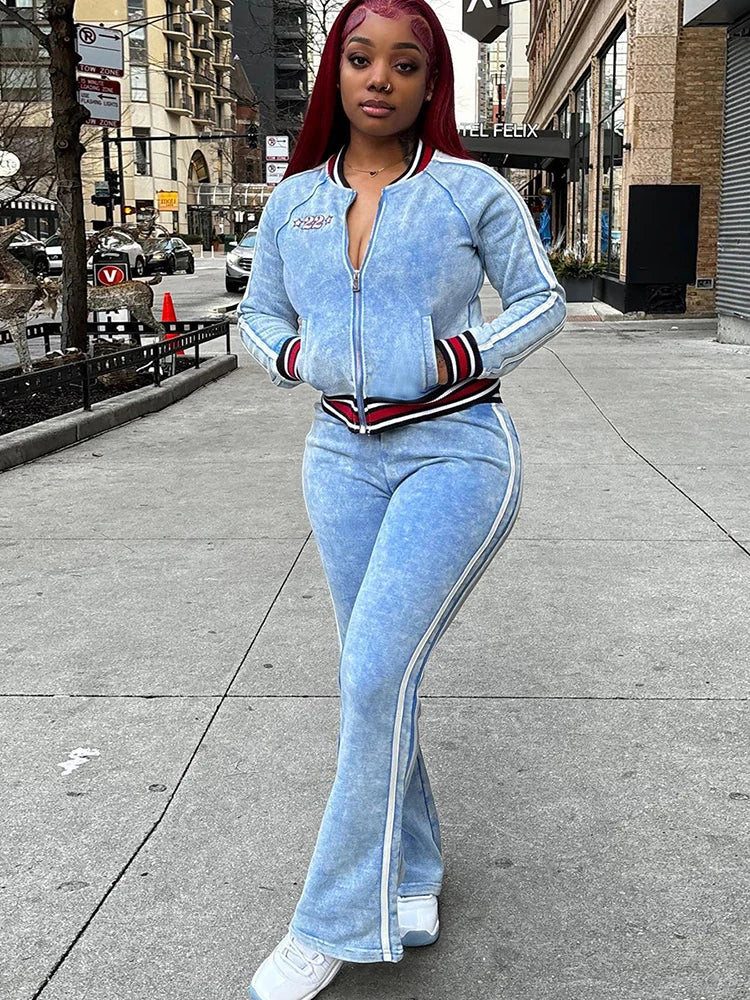 Tie-Dye Print Women Tracksuit 2 Piece Set Print Zip Crop Jacket+Straight Pants Matching Streetwear Casual Sporty Suit