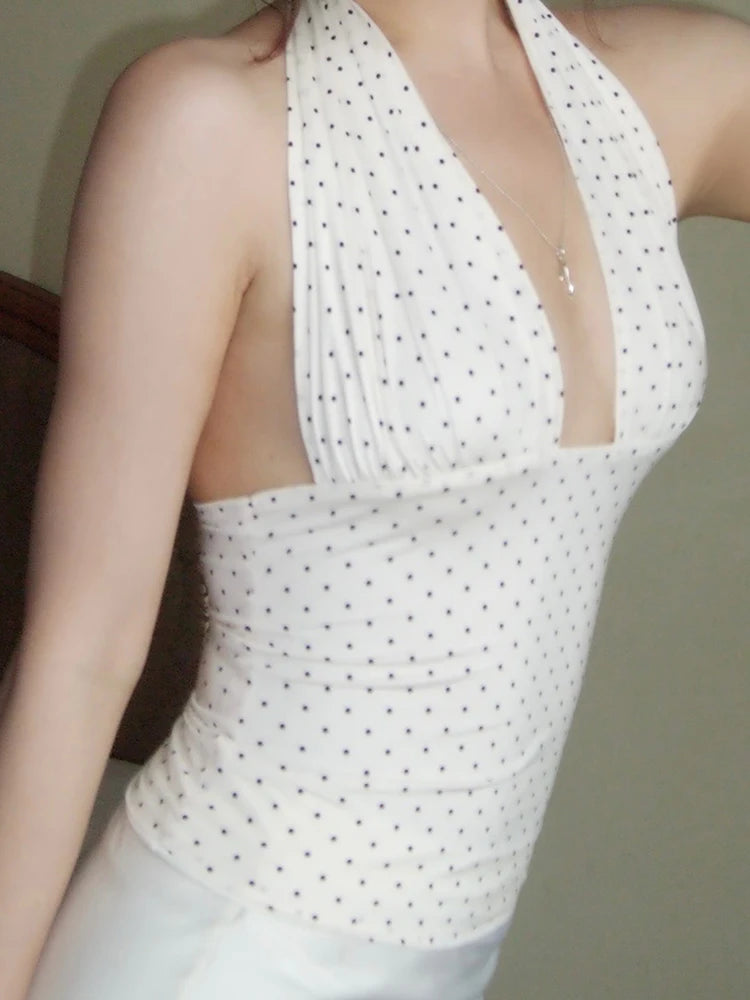 Polka Dot Print Tank Tops Women Halter Low-Neck Backless Skinny Summer Trend Street Ruched Elegant Skinny Outfits