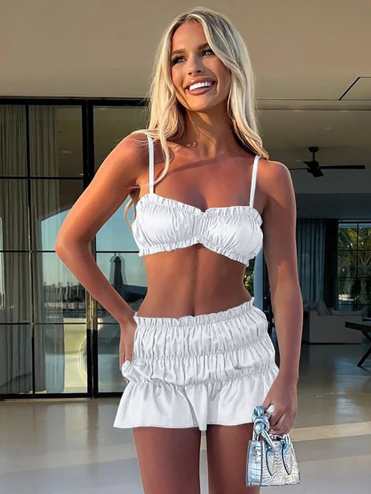 Sexy Satin Two Piece Set Ruched Crop Top and Mini Skirt Matching Sets Summer 2024 Women Outfits Clubwear