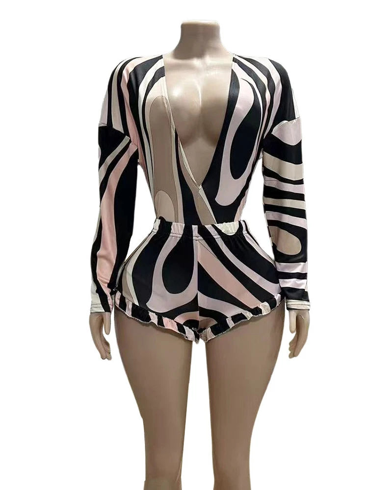 Colorful Print Women 2 Piece Set Deep v-Neck Full Sleeve Bodysuit+Mesh Shorts Matching Streetwear Sexy Hipster Suits