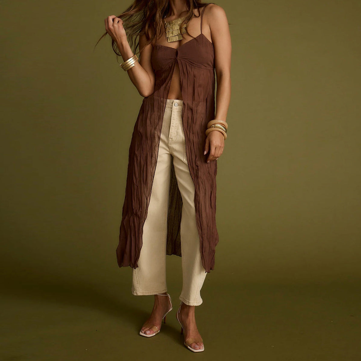 Women Y2K Front Split Cami Top Spaghetti Strap Ruffle Irregular Hem Chiffon Shirt Dress Beach Mesh Sundress