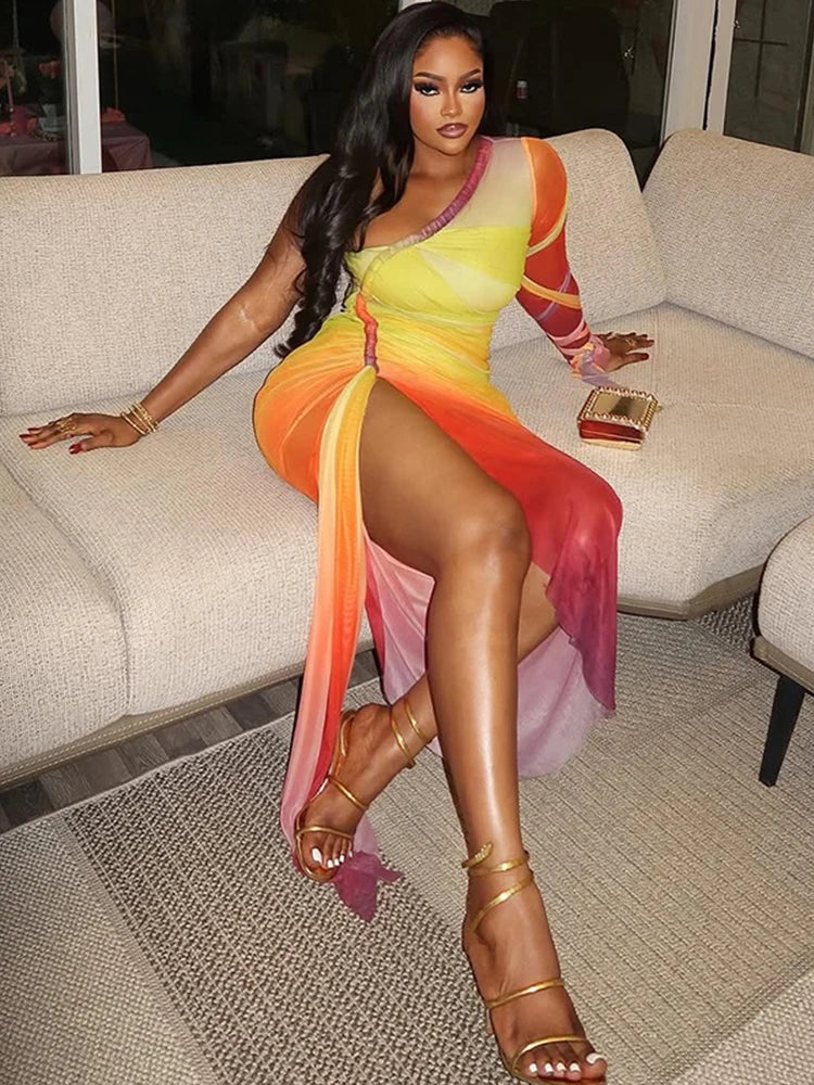 Irregular Sexy Dress Women See Through Gradient Print Skew Collar Split Shirring Ribbon Ruched Birthday Club Vestidos