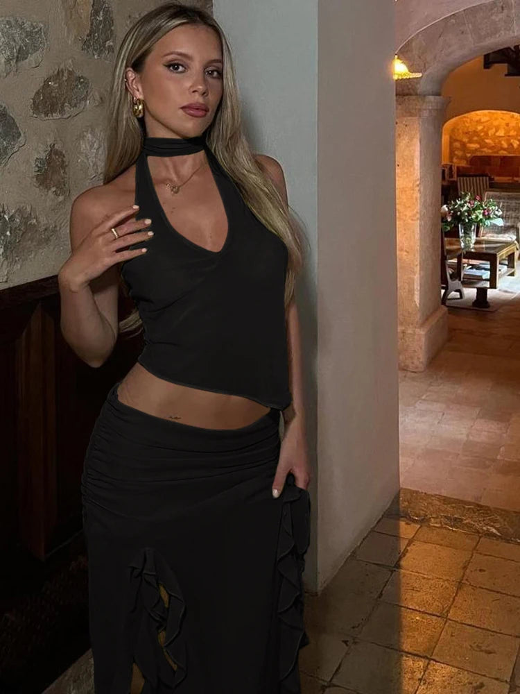 Sexy Fashion 2 Piece Set Women Halter Low-Neck Backless Tank Tops+Ruffles Tassel Splits Hem Skirts Wild Style Outfits