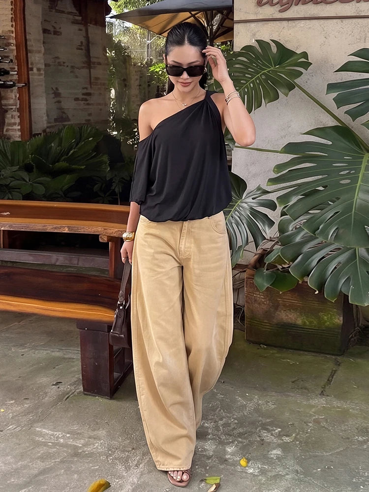 Fashion Off-Shoulder T-Shirt Women Trend Classes Skew Collar One-Sleeve Patchwork Stretch Casuals Street Sport Tess