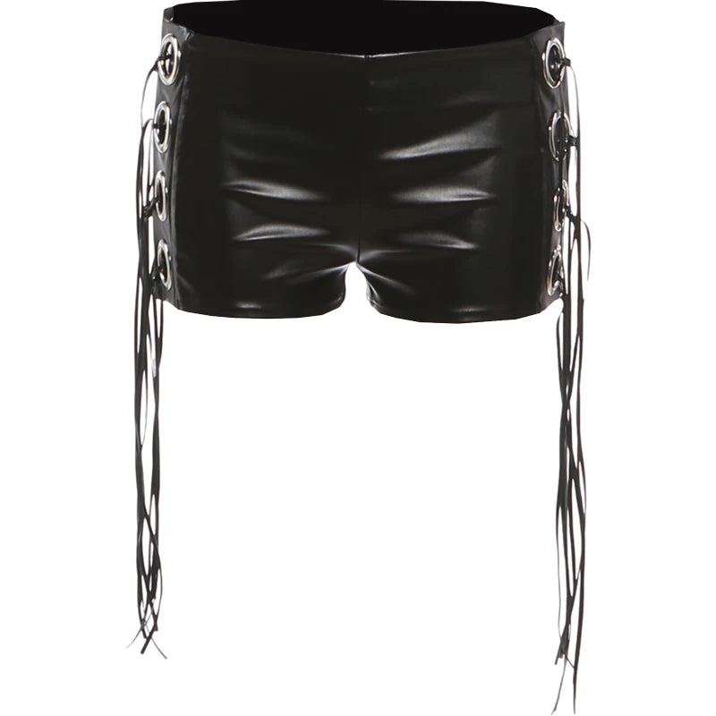 Faux Leather Metal Ring Hollow Short Women Bandage Tassels Elastic Waist Sexy Midnight Hottie Classic Streetwear