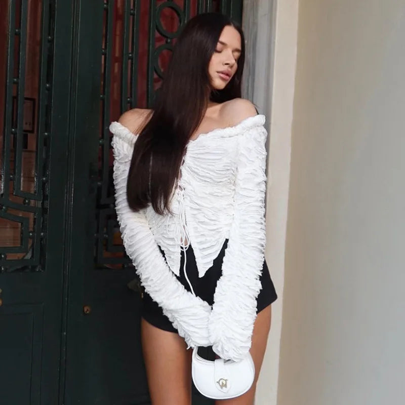 Hollow Out Lace Up Long Sleeve Crop Tops for Women Fall Clothes 2024 Fashion Distressed White Shirts & Blouses