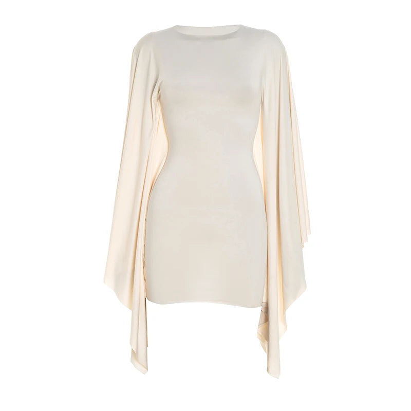 Sexy Bat Sleeve Dress Women Basic Classic Ruched O-Neck Stretch Skinny Coquette Midnight Party Club Peach Hip Bodycon