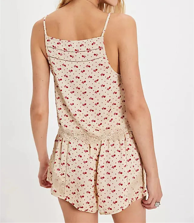 Women's Polka Dot Printed Pajama Set Fashion Satin Lace Trim Tank Tops with Shorts Casual 2Pcs Soft Sleepwear