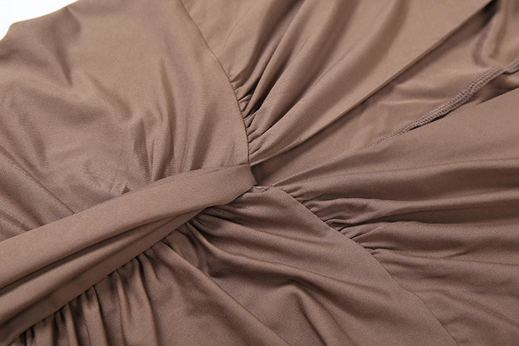 Ruched Ruffles Maxi Dress Deep V-Neck Full Sleeve Elegant Sexy Stretch Skinny Birthday Evening Cocktail Party Bodycon