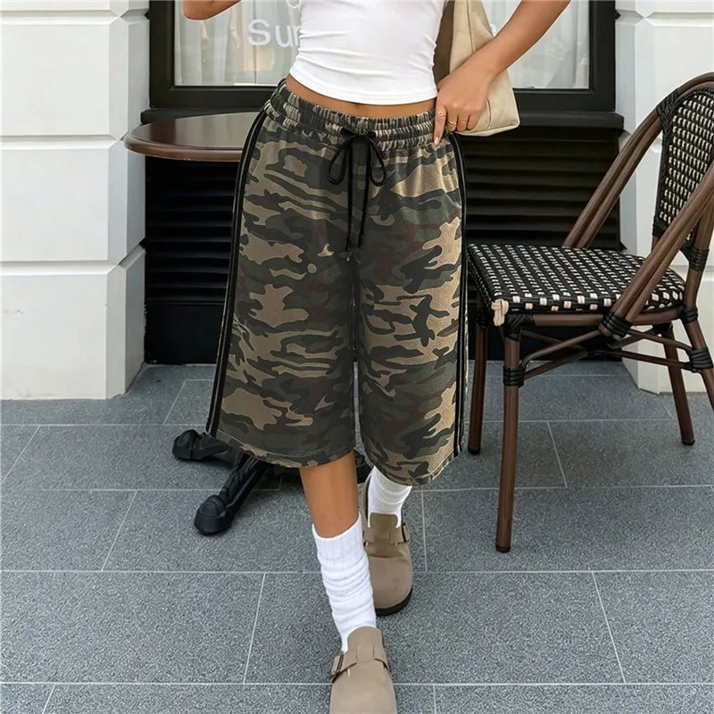 Women Side Striped Capri Sweatpants Elastic Drawstring Waist Loose Fit Casual Cropped Jogger Pants Street Daily Wear