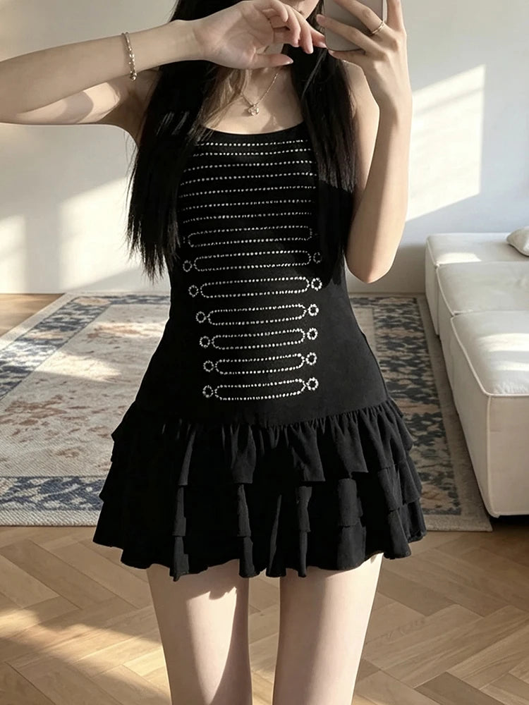 Fake Diamond Decoration Dress Women Low-Neck Tierred Sleeveless Skinny Summer Fashion Prom Party Chic Mini Bodycon