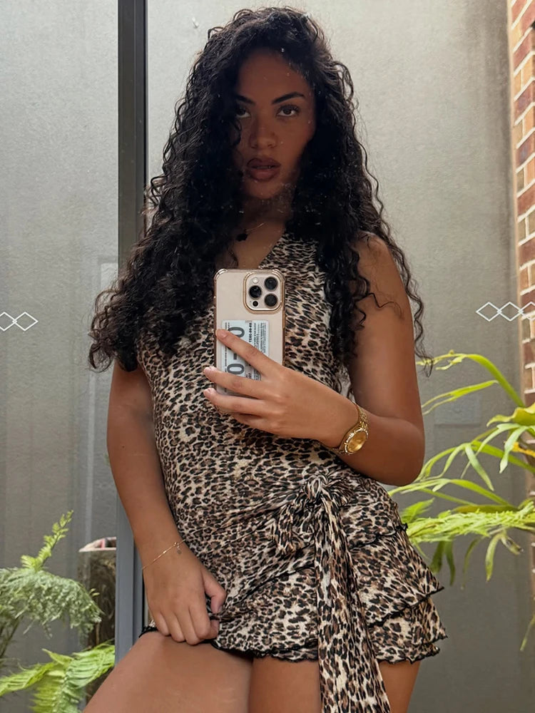 Leopard Print Halter V Neck Sexy Mini Dress Women Elegant Backless Off-shoulder Sleeveless Draped Club Party Dress