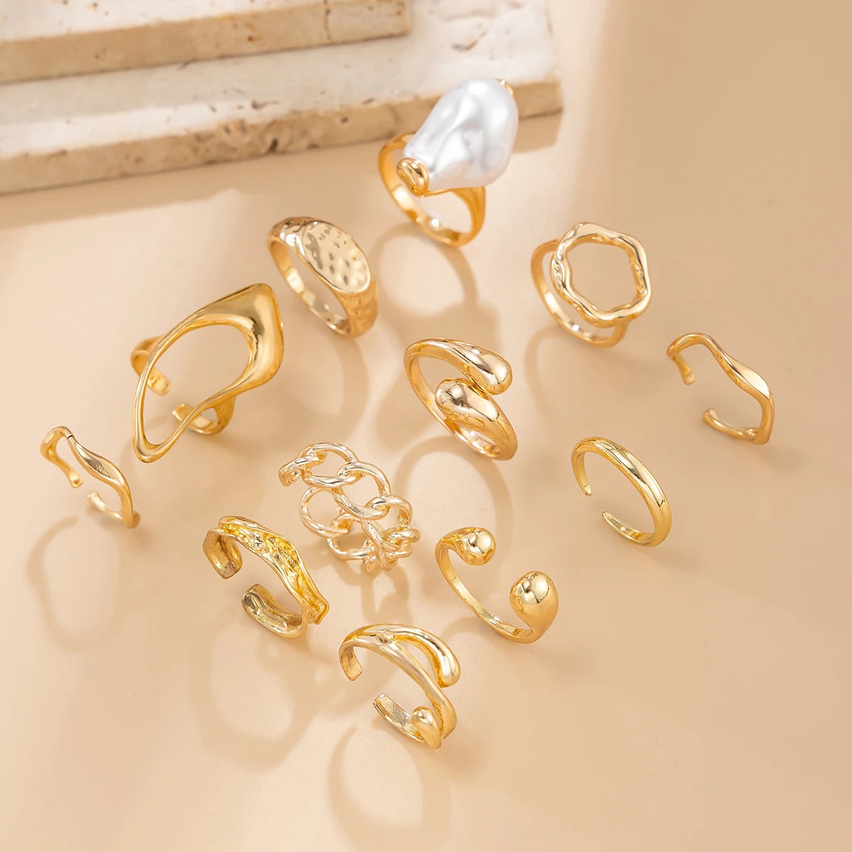 12Pcs/Set Vintage Imitation Pearl Water Drop Open Rings for Women Goth Irregular Geometric Ring Wedding Finger Jewelry