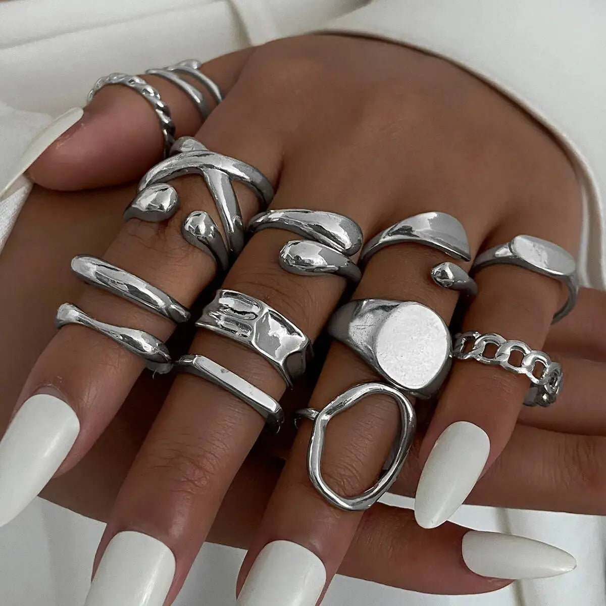 14Pcs/Set Punk Irregular Water Drop Open Rings for Women New Trend Vintage Adjustable Finger Rings Couple Jewelry Gift