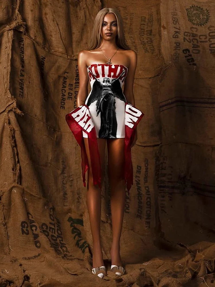 Fashion Print Mini Dress Women Sexy Off Shoulder Sleeveless Backless Skinny Peach Hip Hot Girls Wild Style Outfits