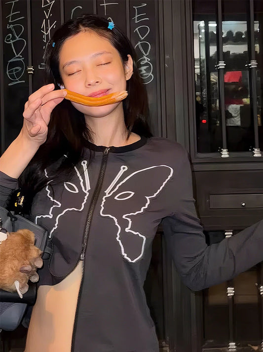 Casual Butterfly Print Jacket Women Daily Classic Patchwork Full Sleeve Double Zip Trend Sporty Elastic Street Coat