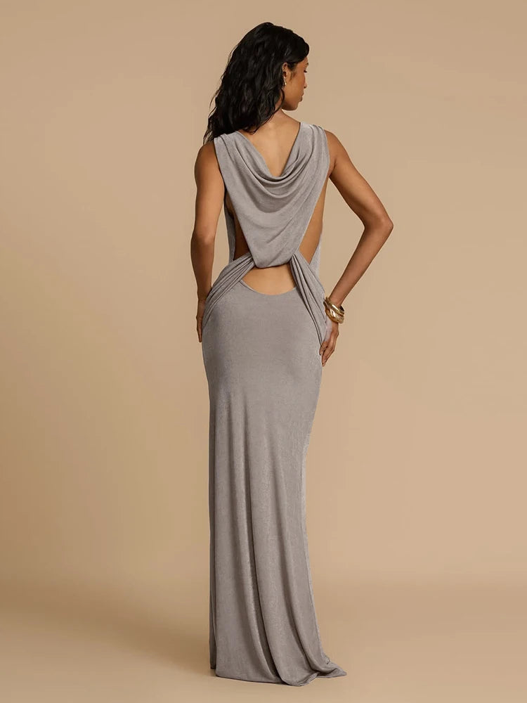 Backless Hollow Cross Dress Thin Sleeveless Ruched Knot Cinched Waist o-Neck Solid Simple Sexy Summer Trend Vestidos